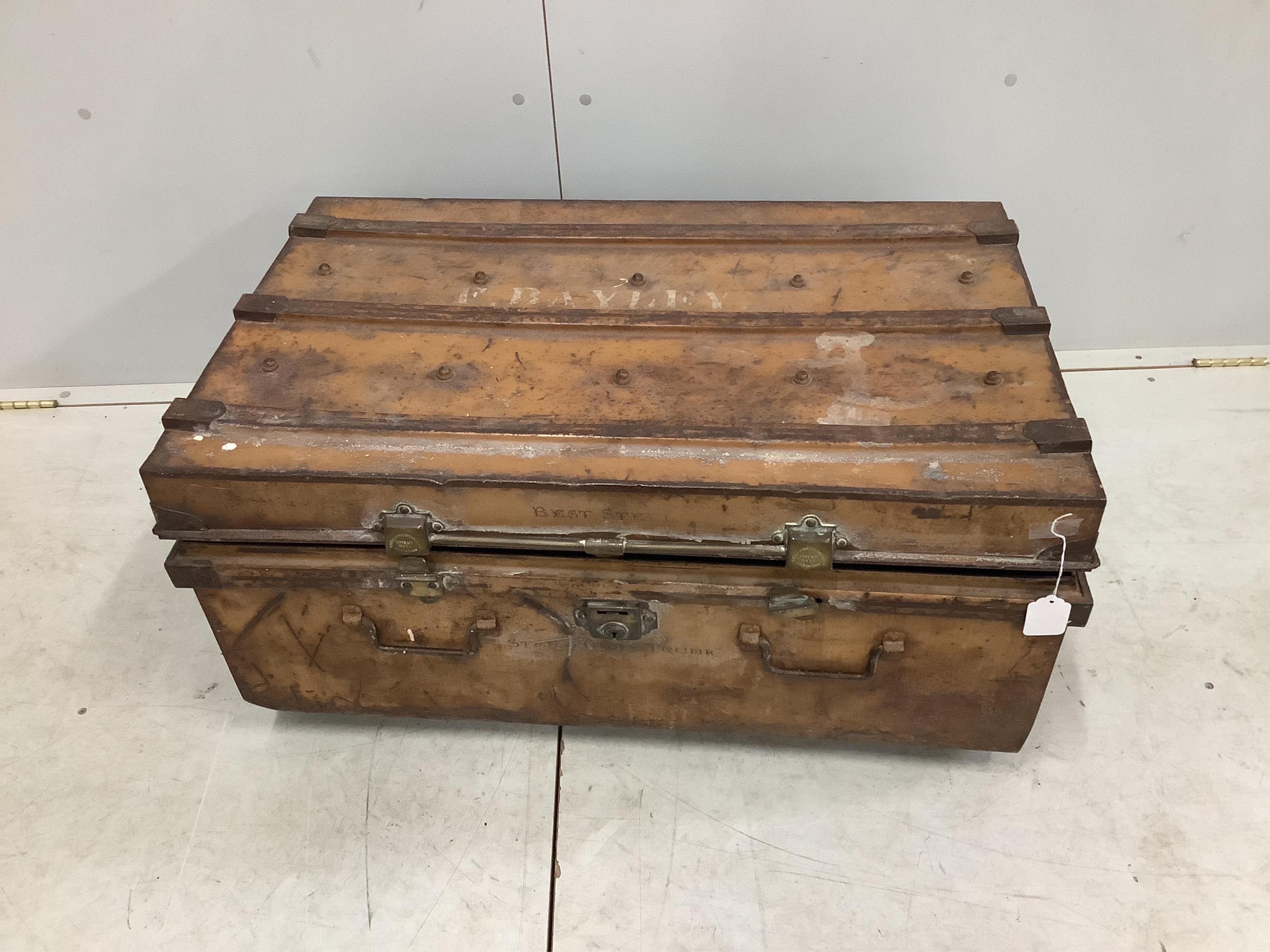 A late Victorian Newton Shakespeare & Co. Ltd. Patent tin trunk, width 86cm, depth 54cm, height 40cm. Condition - poor